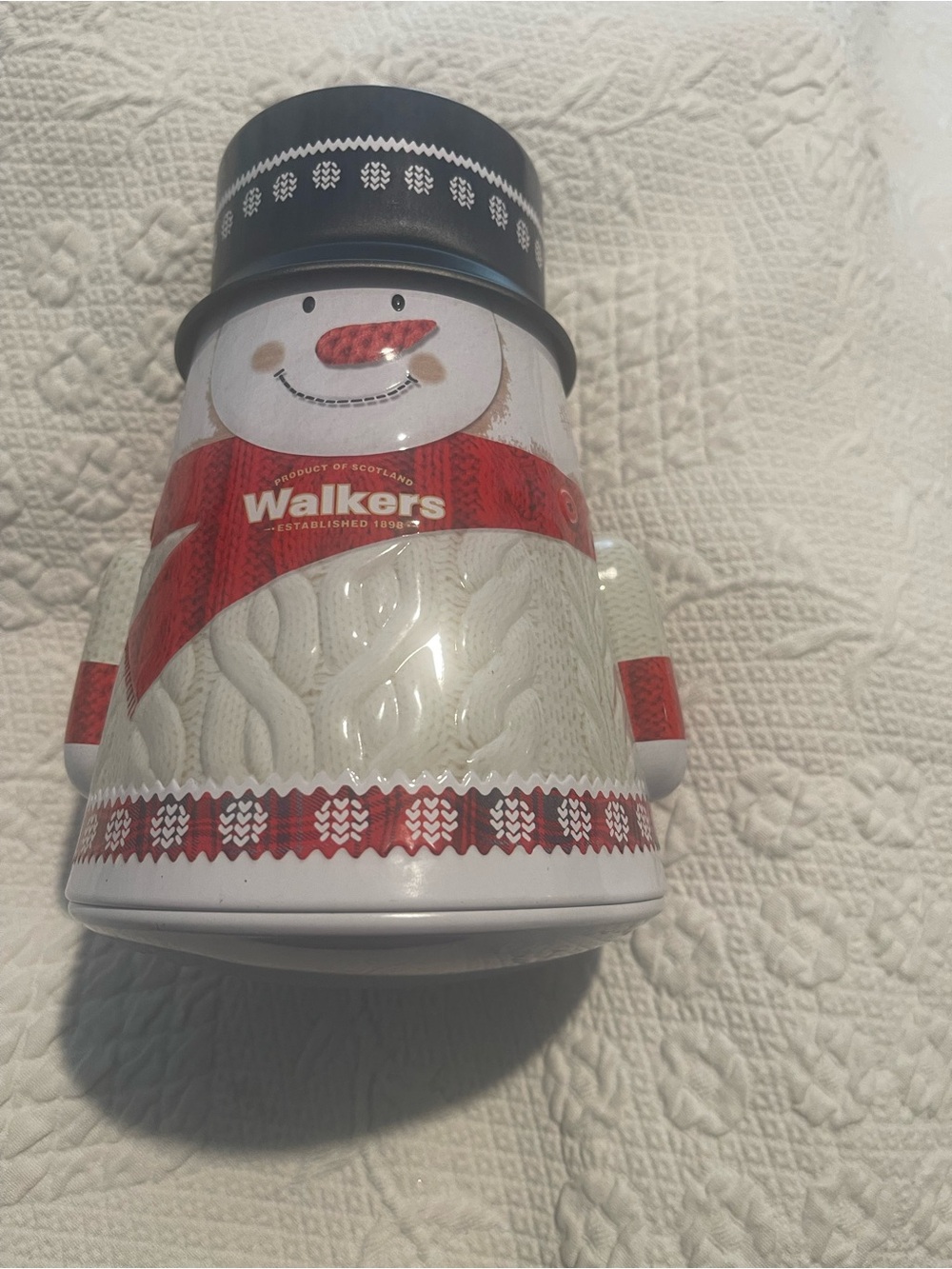 Red & White Snowman Holiday Tin Walkers of Scotland Roly Poly 7x6” empty